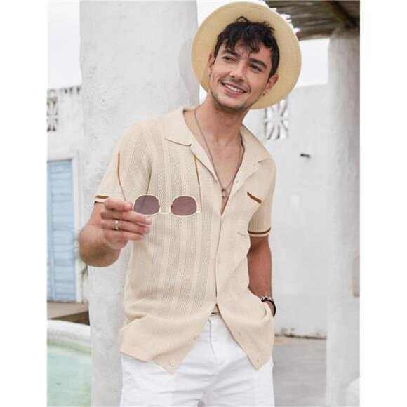 Men's Short Sleeve Knit Shirts Vintage Button Down Polo Shirt Casual Beach Top - Picture 2 of 7